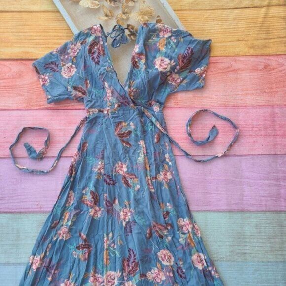 Skylar + Madison Blue Floral Wrap Open Back Boho Maxi Dress Small Summer - Picture 4 of 6